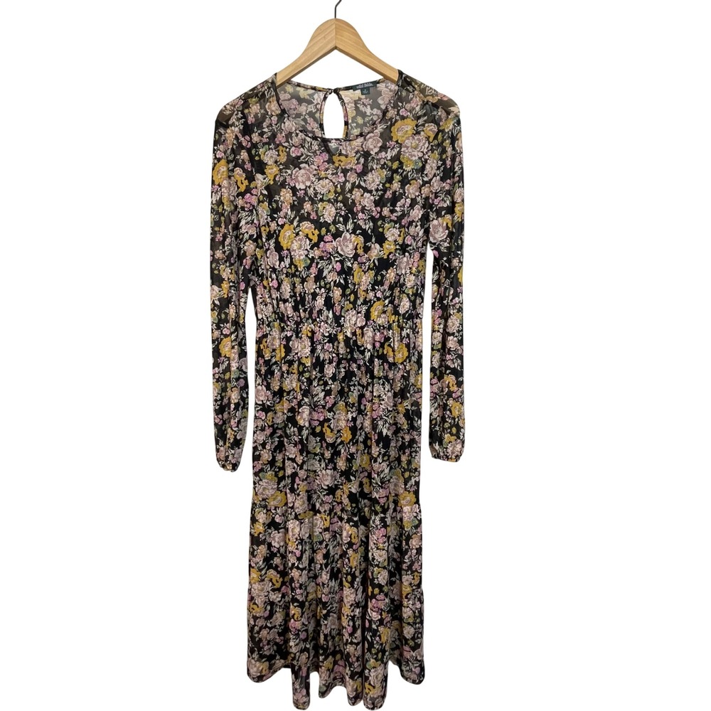 Wild Fable Women Black Floral Mesh Long Sleeve Tiered Midi Dress Size M